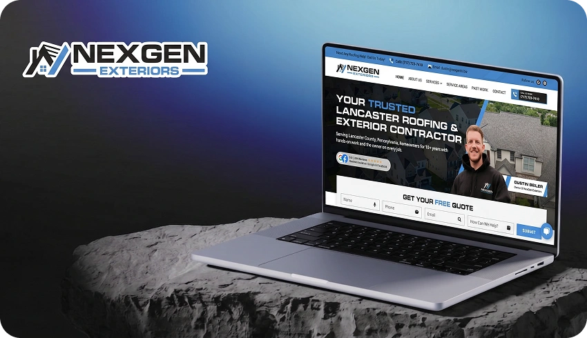 Roofing contractor website shown on laptop and phone